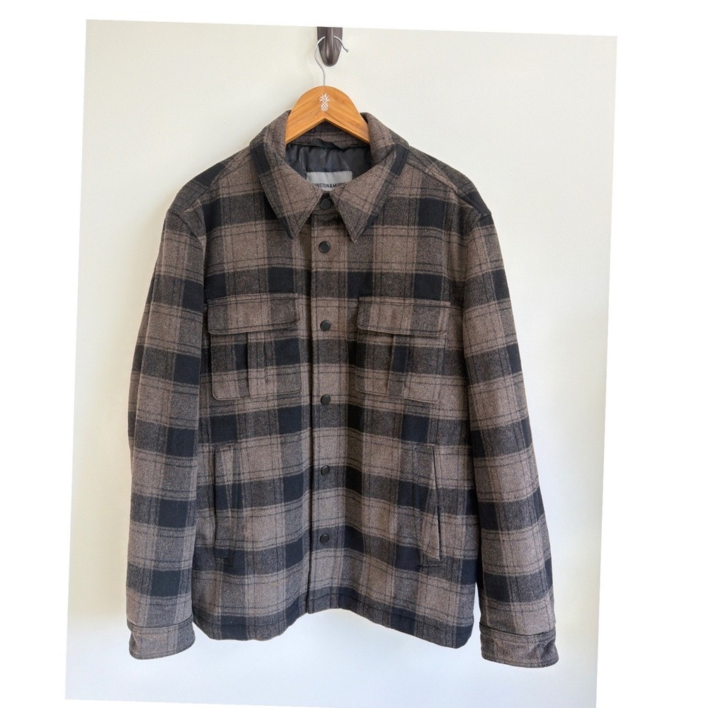 Johnston & Murphy Mens Large Brown Plaid Wool Blend Shirt Jacket Shacket